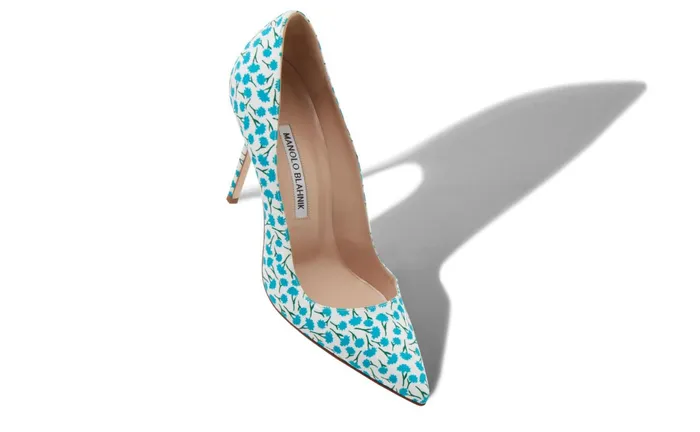 Women High Heels Manolo Blahnik BB Blue Cotton Floral Pattern Pointed Toe Pumps Women High Heels Manolo Blahnik BB Blue Cotton Floral Pattern Pointed Toe Pumps