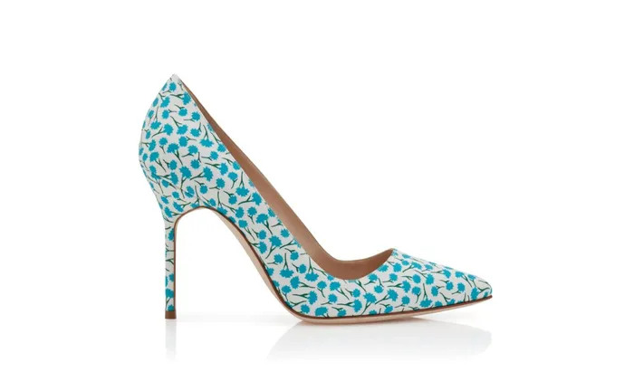 Women High Heels Manolo Blahnik BB Blue Cotton Floral Pattern Pointed Toe Pumps Women High Heels Manolo Blahnik BB Blue Cotton Floral Pattern Pointed Toe Pumps