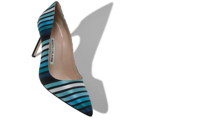 Women High Heels Manolo Blahnik BB Blue Striped Silk Pointed Toe Pumps Women High Heels Manolo Blahnik BB Blue Striped Silk Pointed Toe Pumps
