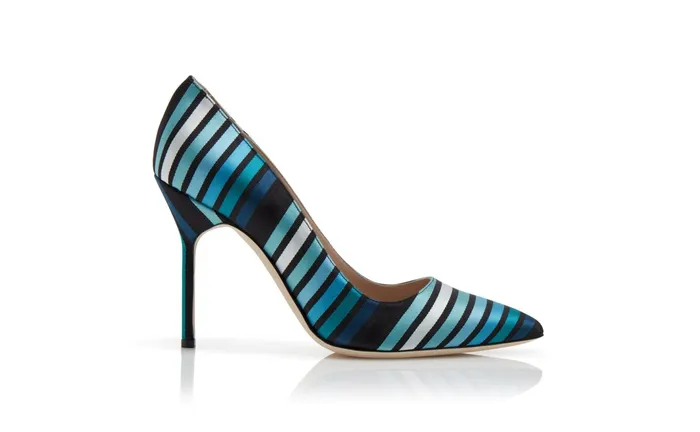 Women High Heels Manolo Blahnik BB Blue Striped Silk Pointed Toe Pumps Women High Heels Manolo Blahnik BB Blue Striped Silk Pointed Toe Pumps