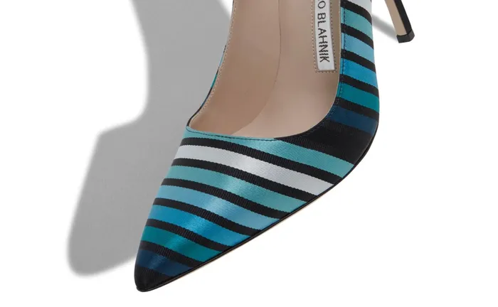 Women High Heels Manolo Blahnik BB Blue Striped Silk Pointed Toe Pumps Women High Heels Manolo Blahnik BB Blue Striped Silk Pointed Toe Pumps