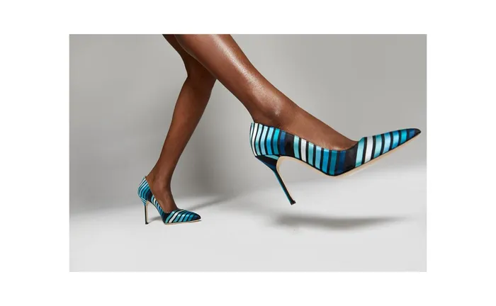 Women High Heels Manolo Blahnik BB Blue Striped Silk Pointed Toe Pumps Women High Heels Manolo Blahnik BB Blue Striped Silk Pointed Toe Pumps