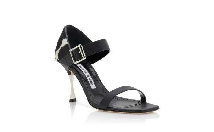 Women High Heels Manolo Blahnik FRETESAN Black Cow Print Calf Hair And Leather Sandals Women High Heels Manolo Blahnik FRETESAN Black Cow Print Calf Hair And Leather Sandals