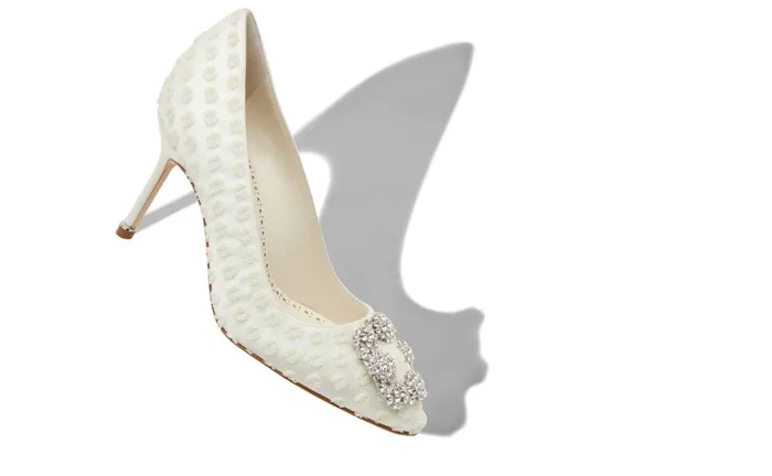 Women High Heels Manolo Blahnik HANGISI 70 White Textile Dobby Print Jewel Buckle Pumps Women High Heels Manolo Blahnik HANGISI 70 White Textile Dobby Print Jewel Buckle Pumps