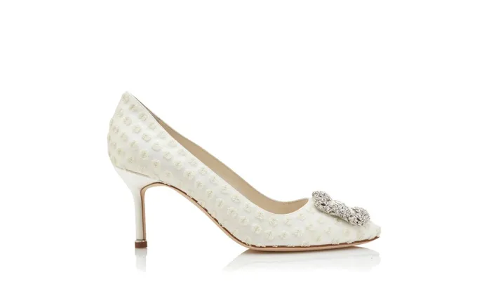 Women High Heels Manolo Blahnik HANGISI 70 White Textile Dobby Print Jewel Buckle Pumps Women High Heels Manolo Blahnik HANGISI 70 White Textile Dobby Print Jewel Buckle Pumps