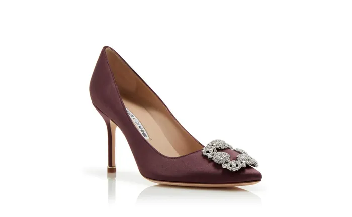 Women High Heels Manolo Blahnik HANGISI 90 Dark Purple Satin Jewel Buckle Pumps Women High Heels Manolo Blahnik HANGISI 90 Dark Purple Satin Jewel Buckle Pumps
