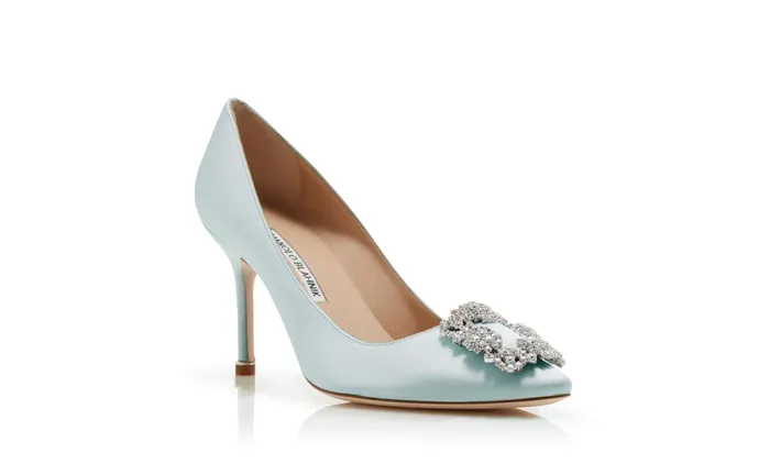 Women High Heels Manolo Blahnik HANGISI 90 Pale Green Satin Jewel Buckle Pumps Women High Heels Manolo Blahnik HANGISI 90 Pale Green Satin Jewel Buckle Pumps