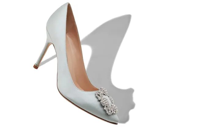 Women High Heels Manolo Blahnik HANGISI 90 Pale Green Satin Jewel Buckle Pumps Women High Heels Manolo Blahnik HANGISI 90 Pale Green Satin Jewel Buckle Pumps