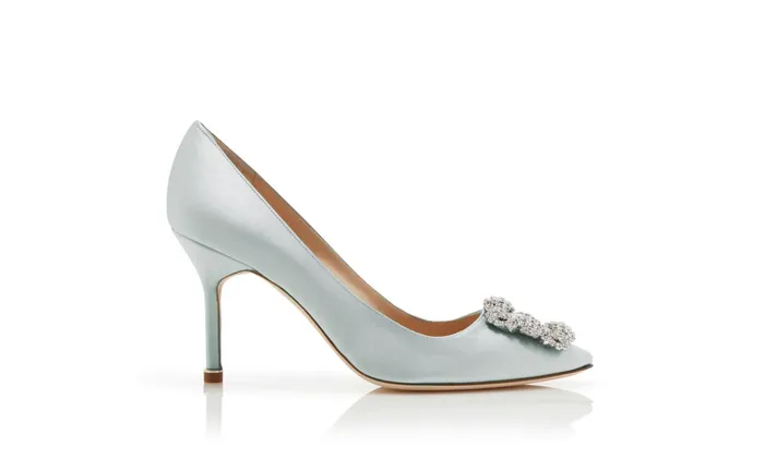 Women High Heels Manolo Blahnik HANGISI 90 Pale Green Satin Jewel Buckle Pumps Women High Heels Manolo Blahnik HANGISI 90 Pale Green Satin Jewel Buckle Pumps