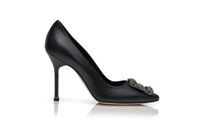 Women High Heels Manolo Blahnik HANGISI Black Calf Leather Jewel Buckle Pumps Women High Heels Manolo Blahnik HANGISI Black Calf Leather Jewel Buckle Pumps
