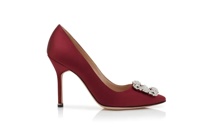 Women High Heels Manolo Blahnik HANGISI Dark Red Satin Jewel Buckle Pumps Women High Heels Manolo Blahnik HANGISI Dark Red Satin Jewel Buckle Pumps