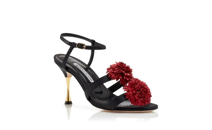 Women High Heels Manolo Blahnik ILGARO Black Silk Floral Embroidered Sandals
