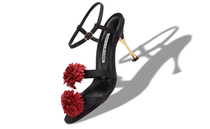 Women High Heels Manolo Blahnik ILGARO Black Silk Floral Embroidered Sandals Women High Heels Manolo Blahnik ILGARO Black Silk Floral Embroidered Sandals