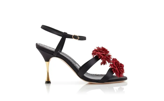Women High Heels Manolo Blahnik ILGARO Black Silk Floral Embroidered Sandals Women High Heels Manolo Blahnik ILGARO Black Silk Floral Embroidered Sandals