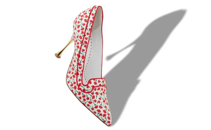 Women High Heels Manolo Blahnik LETO Red Cotton Floral Pattern Pointed Toe Pumps