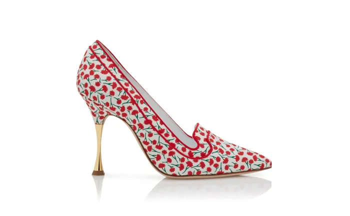 Women High Heels Manolo Blahnik LETO Red Cotton Floral Pattern Pointed Toe Pumps