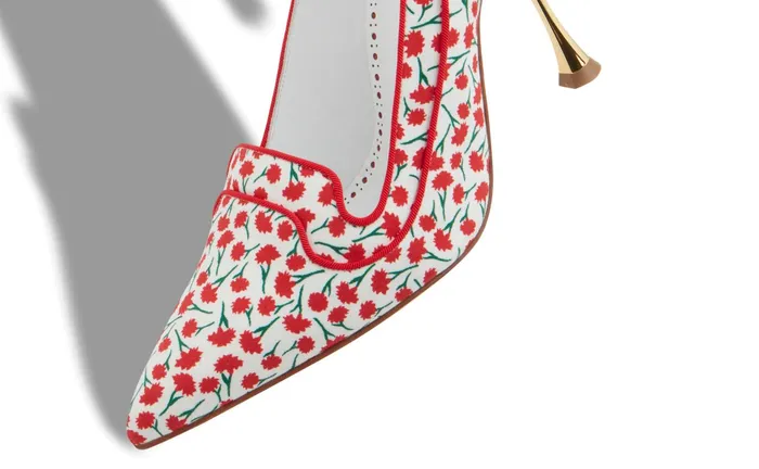 Women High Heels Manolo Blahnik LETO Red Cotton Floral Pattern Pointed Toe Pumps