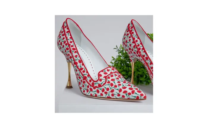 Women High Heels Manolo Blahnik LETO Red Cotton Floral Pattern Pointed Toe Pumps