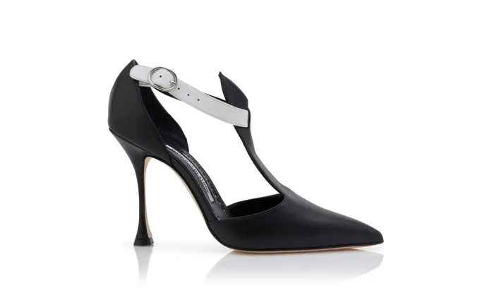 Women High Heels Manolo Blahnik POLUX Black Calf Leather TBar Pumps
