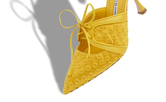 Women High Heels Manolo Blahnik POWELMU Yellow Textile Dobby Print Embroidered Mules