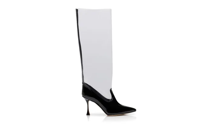 Women High Heels Manolo Blahnik TORPEX PVC And Black Patent Leather Knee High Boots