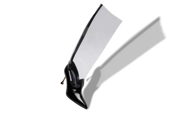 Women High Heels Manolo Blahnik TORPEX PVC And Black Patent Leather Knee High Boots
