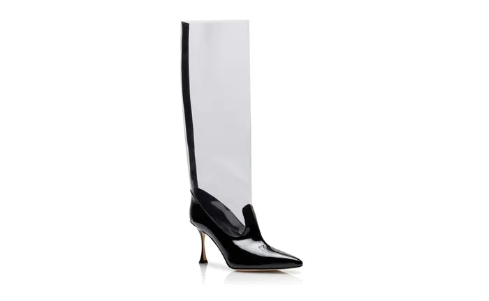 Women High Heels Manolo Blahnik TORPEX PVC And Black Patent Leather Knee High Boots