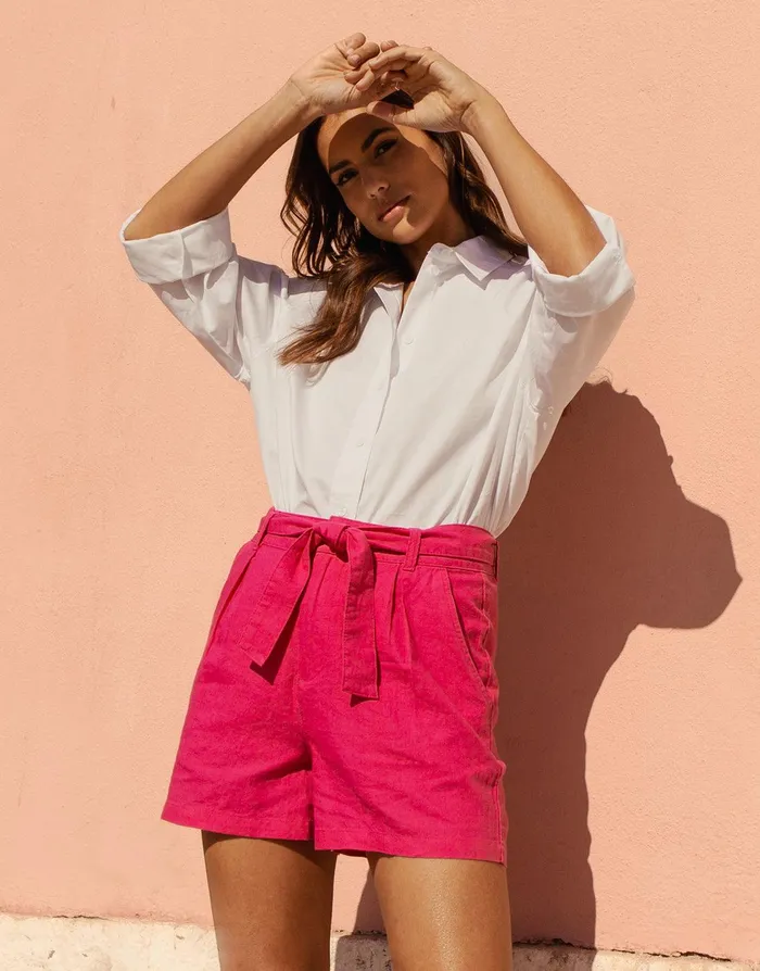 Women Hot Pink Tie Waist Linen Blend Shorts Hot Pink Threadbare Linen