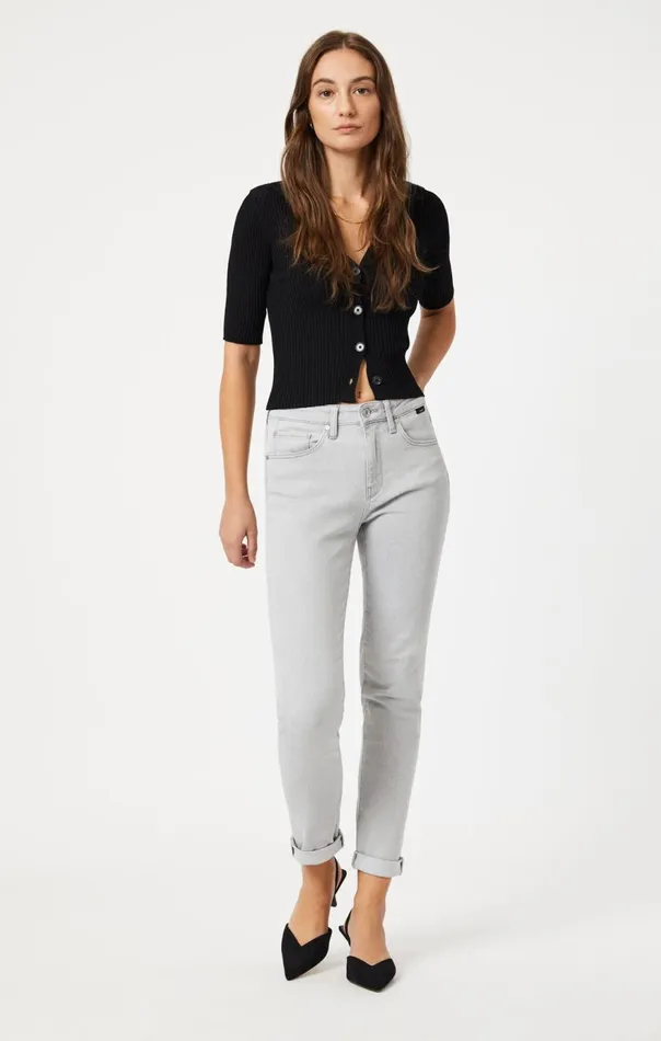 Women Kathleen Slim Boyfriend In Light Grey Feather Blue Mavi Jeans Denim