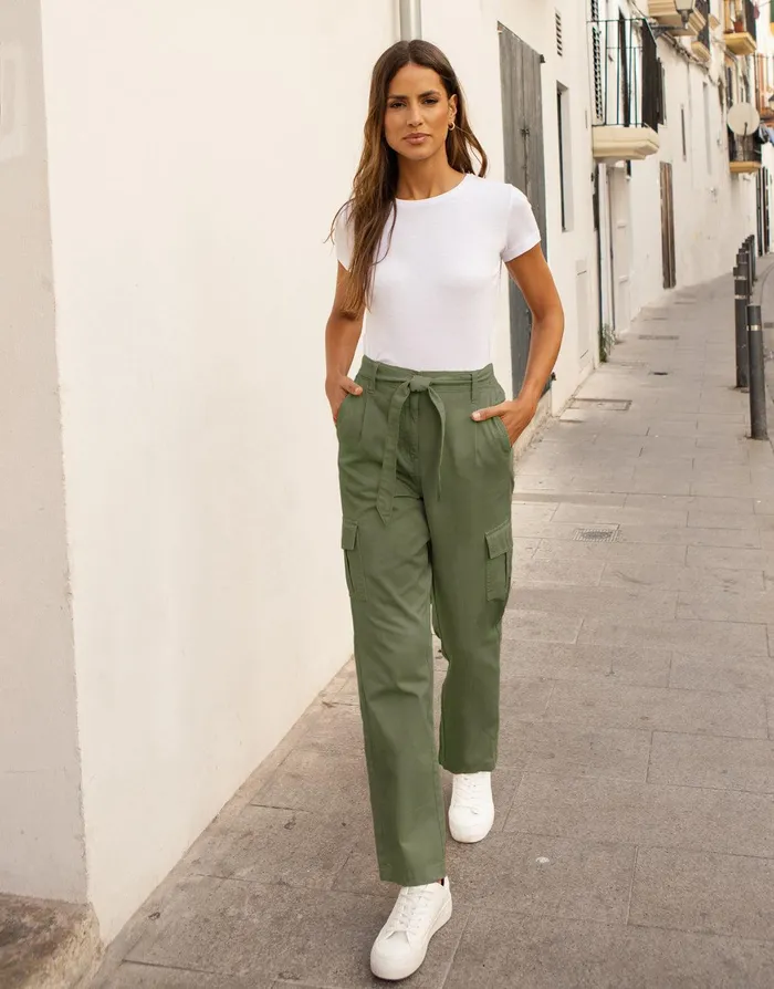 Women Khaki Straight Leg Cargo Trousers Khaki Threadbare Trousers