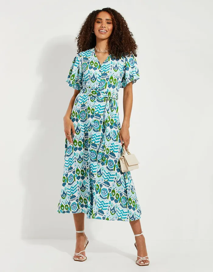 Women Light Blue Aztec Print Flutter Sleeve Midi Dress Light Blue Threadbare Dresses Women Light Blue Aztec Print Flutter Sleeve Midi Dress Light Blue Threadbare Dresses