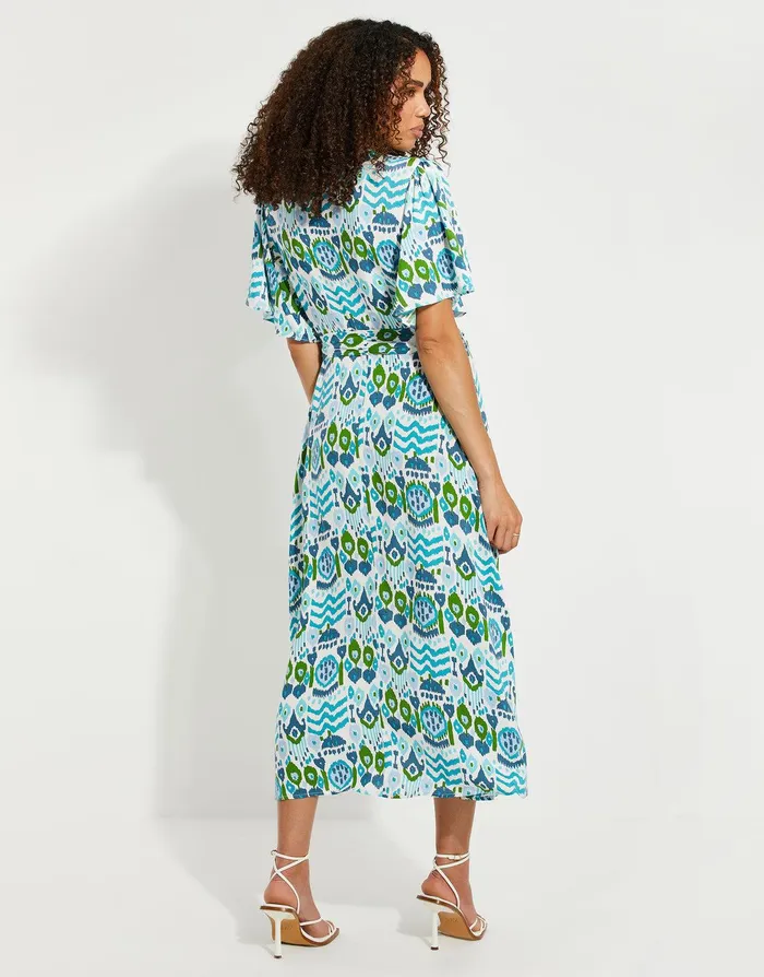 Women Light Blue Aztec Print Flutter Sleeve Midi Dress Light Blue Threadbare Dresses