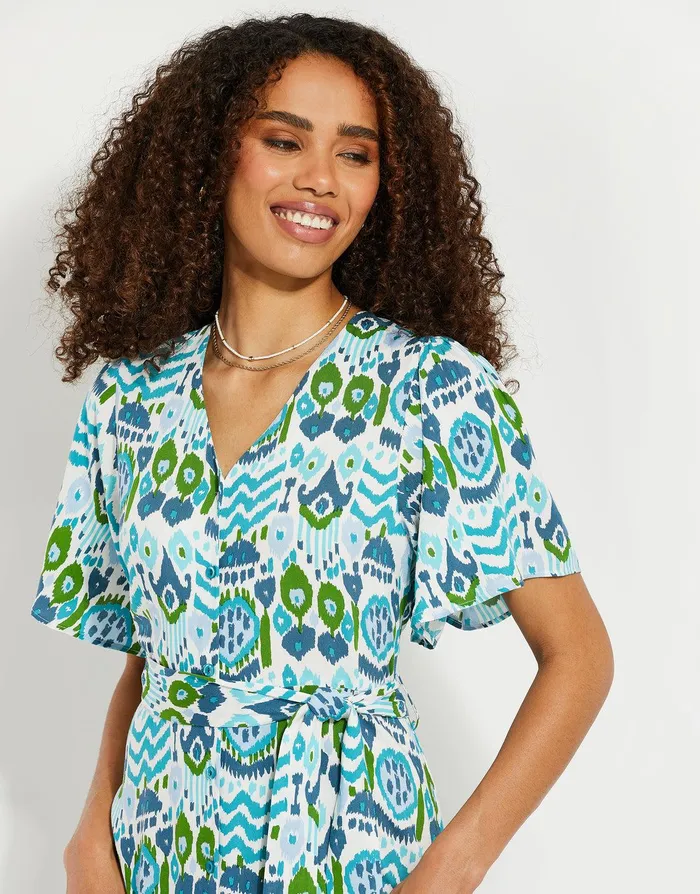 Women Light Blue Aztec Print Flutter Sleeve Midi Dress Light Blue Threadbare Dresses
