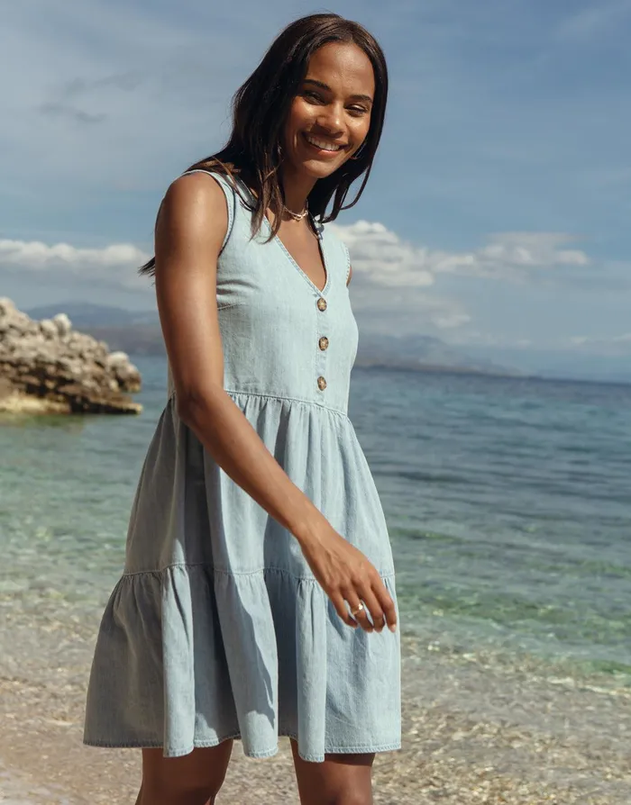 Women Light Blue Chambray V Neck Tiered Mini Smock Dress Light Blue Threadbare Dresses Women Light Blue Chambray V Neck Tiered Mini Smock Dress Light Blue Threadbare Dresses