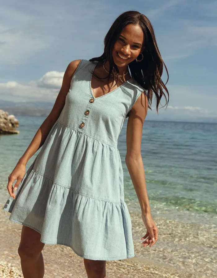 Women Light Blue Chambray V Neck Tiered Mini Smock Dress Light Blue Threadbare Dresses Women Light Blue Chambray V Neck Tiered Mini Smock Dress Light Blue Threadbare Dresses