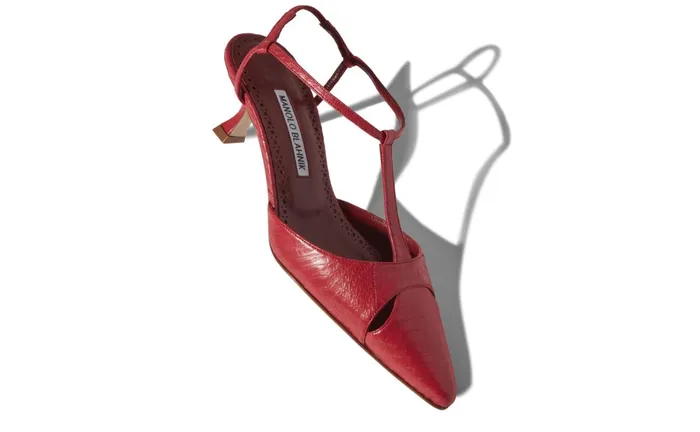 Women Low Heels Manolo Blahnik TURGIMOD Red Snakeskin TBar Pumps