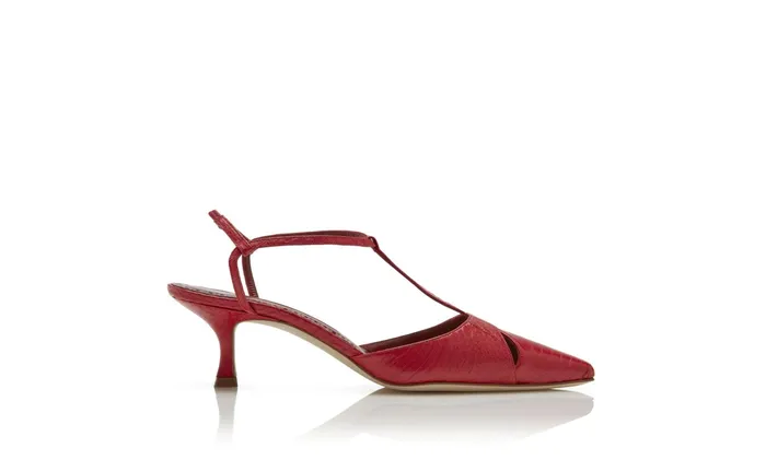 Women Low Heels Manolo Blahnik TURGIMOD Red Snakeskin TBar Pumps