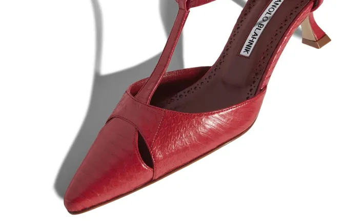 Women Low Heels Manolo Blahnik TURGIMOD Red Snakeskin TBar Pumps