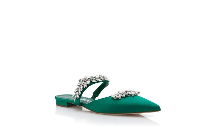 Women Lurum Manolo Blahnik LURUMFLAT Green Satin Crystal Embellished Flat Mules Women Lurum Manolo Blahnik LURUMFLAT Green Satin Crystal Embellished Flat Mules
