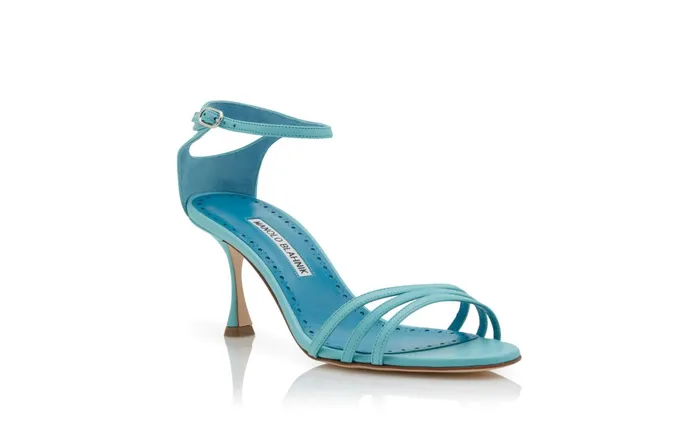 Women Mid Heels Manolo Blahnik CARACOL Turquoise Blue Nappa Leather Strappy Sandals Women Mid Heels Manolo Blahnik CARACOL Turquoise Blue Nappa Leather Strappy Sandals