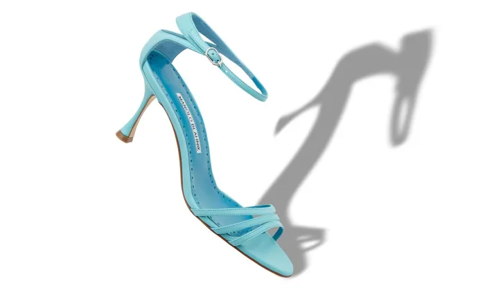Women Mid Heels Manolo Blahnik CARACOL Turquoise Blue Nappa Leather Strappy Sandals Women Mid Heels Manolo Blahnik CARACOL Turquoise Blue Nappa Leather Strappy Sandals