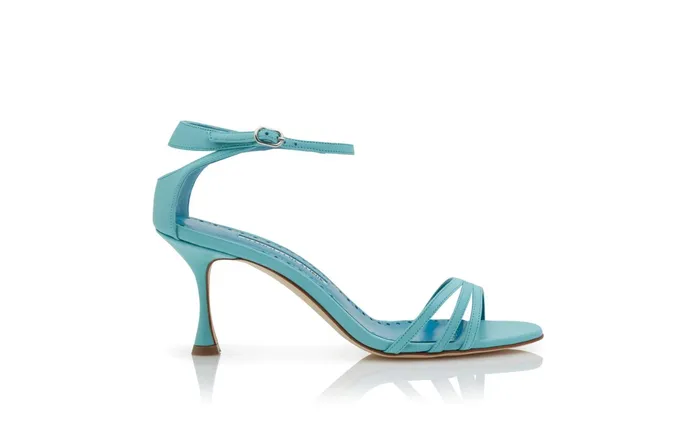 Women Mid Heels Manolo Blahnik CARACOL Turquoise Blue Nappa Leather Strappy Sandals Women Mid Heels Manolo Blahnik CARACOL Turquoise Blue Nappa Leather Strappy Sandals