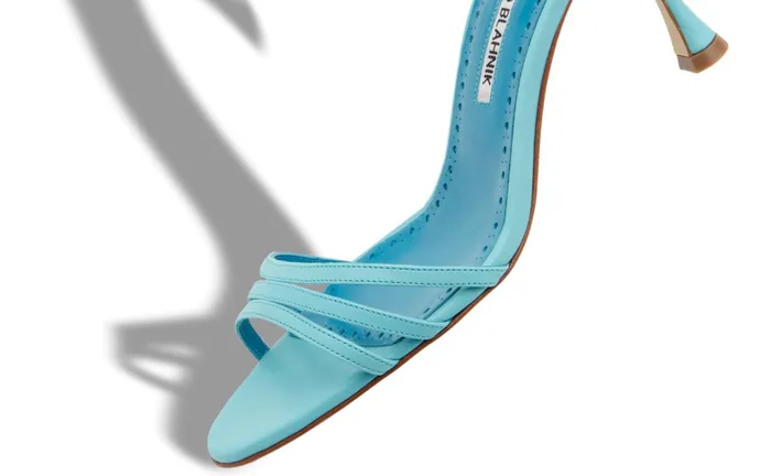 Women Mid Heels Manolo Blahnik CARACOL Turquoise Blue Nappa Leather Strappy Sandals Women Mid Heels Manolo Blahnik CARACOL Turquoise Blue Nappa Leather Strappy Sandals