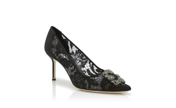 Women Mid Heels Manolo Blahnik HANGISI LACE 70 Black Lace Jewel Buckle Pumps