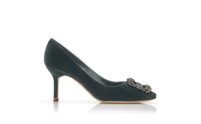 Women Mid Heels Manolo Blahnik HANGISI VELVET 70 Dark Green Velvet Jewel Buckled Pumps Women Mid Heels Manolo Blahnik HANGISI VELVET 70 Dark Green Velvet Jewel Buckled Pumps