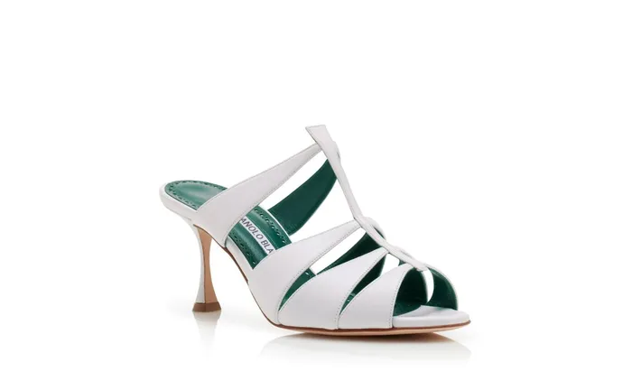 Women Mid Heels Manolo Blahnik NOORAMU White Nappa Leather CutOut Open Toe Mules Women Mid Heels Manolo Blahnik NOORAMU White Nappa Leather CutOut Open Toe Mules