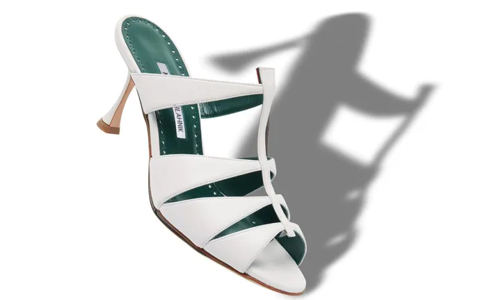 Women Mid Heels Manolo Blahnik NOORAMU White Nappa Leather CutOut Open Toe Mules Women Mid Heels Manolo Blahnik NOORAMU White Nappa Leather CutOut Open Toe Mules
