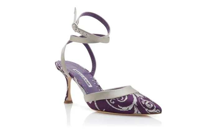 Women Mid Heels Manolo Blahnik PETIASO Purple And Silver Silk Brocade Mules