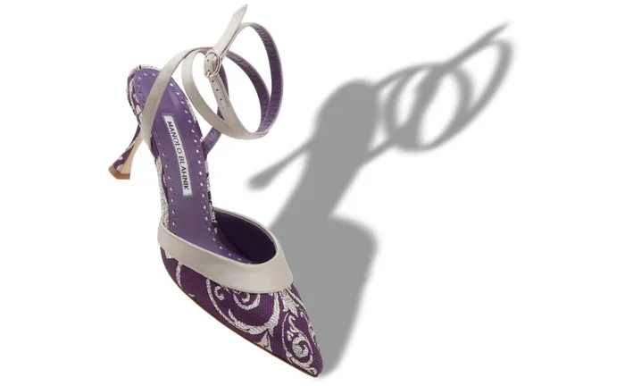 Women Mid Heels Manolo Blahnik PETIASO Purple And Silver Silk Brocade Mules Women Mid Heels Manolo Blahnik PETIASO Purple And Silver Silk Brocade Mules