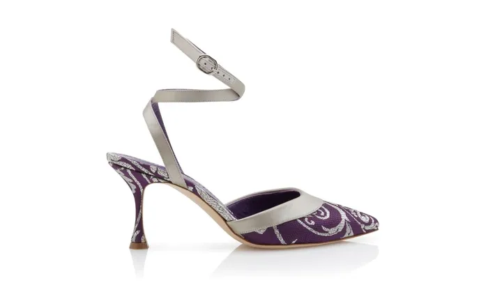 Women Mid Heels Manolo Blahnik PETIASO Purple And Silver Silk Brocade Mules Women Mid Heels Manolo Blahnik PETIASO Purple And Silver Silk Brocade Mules